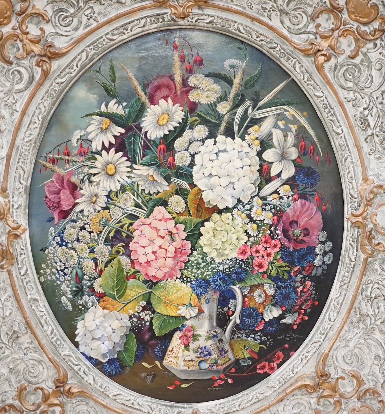 Middleton Holding, oil on canvas, Still life of flowers in a jug, signed and dated 1946, painted to the oval, 59 x 49cm